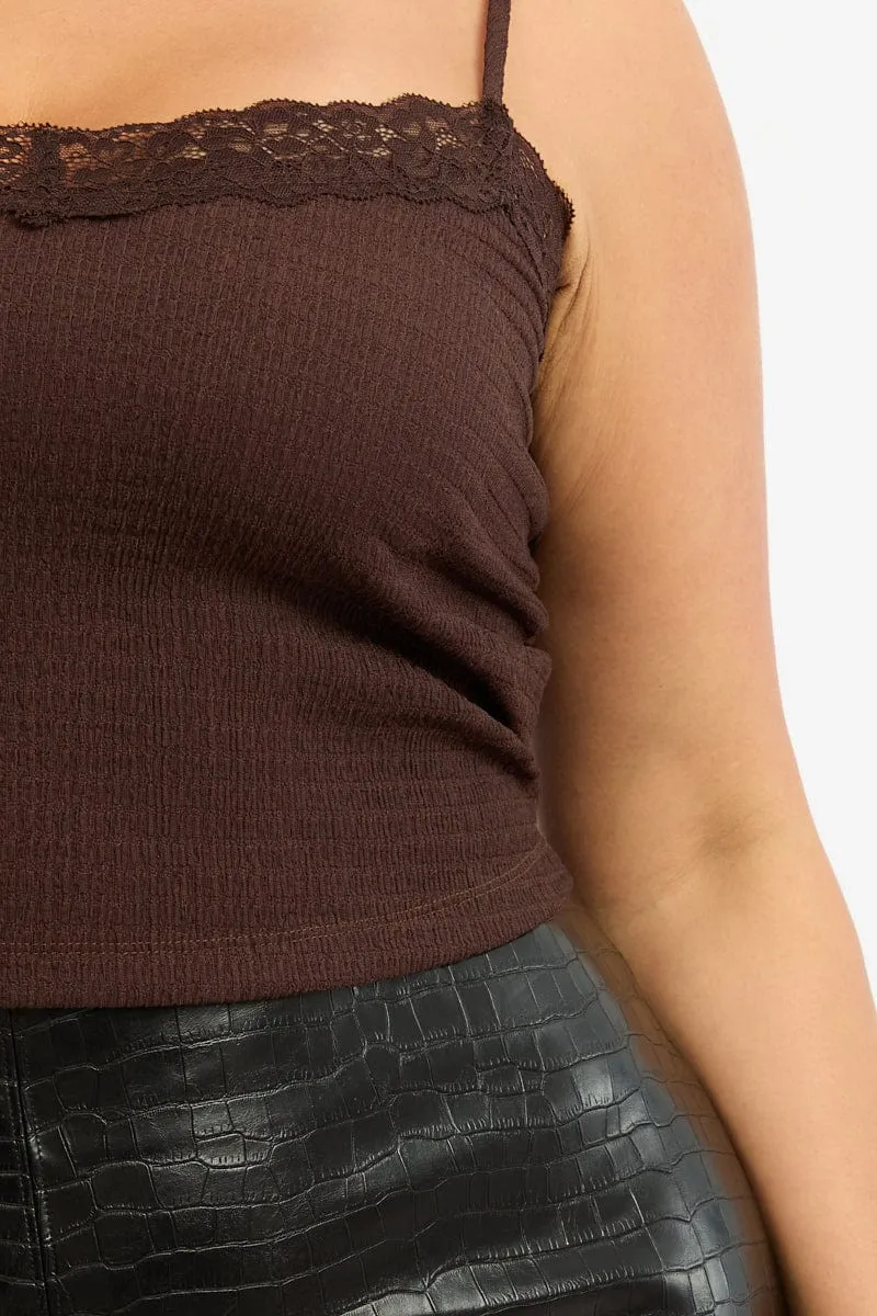 Web Glow Winter Apparel Brown Lace Cami Top Textured