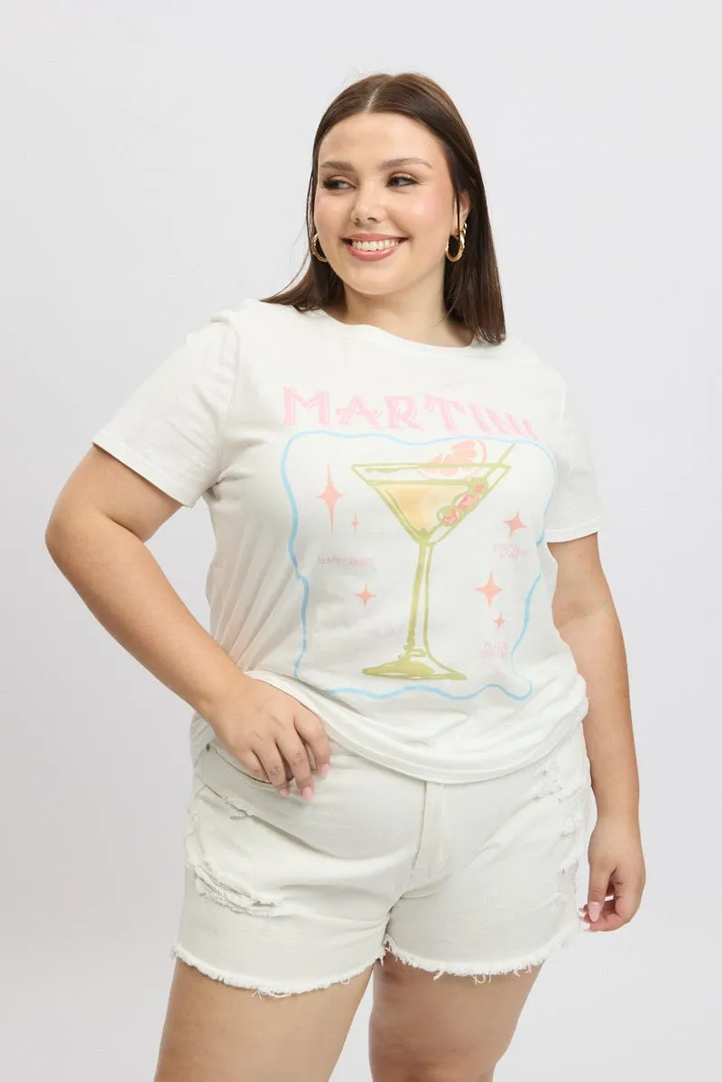 GentleWashResistance Scoop neck femininity White Graphic T Shirt Short Sleeve