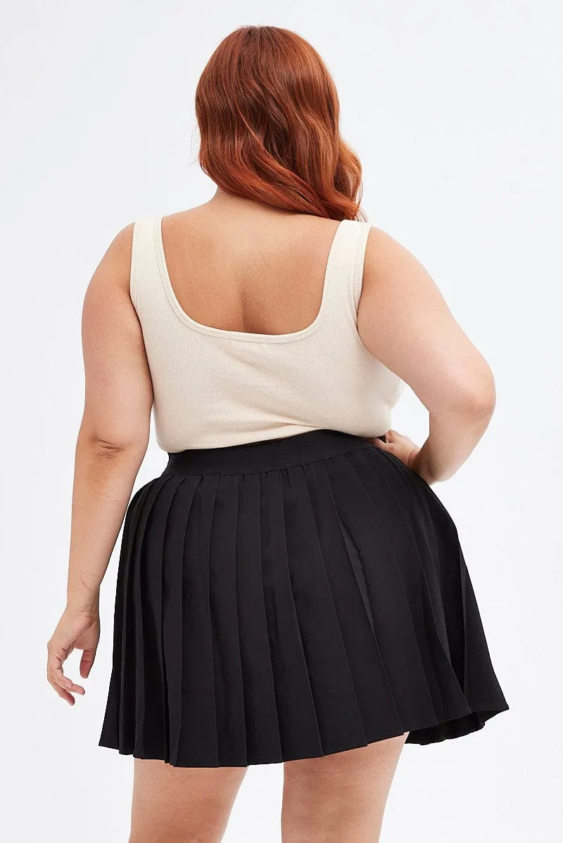 Runway Inspired Material Innovation Black Tennis Skirt Pleated Elastic Waist