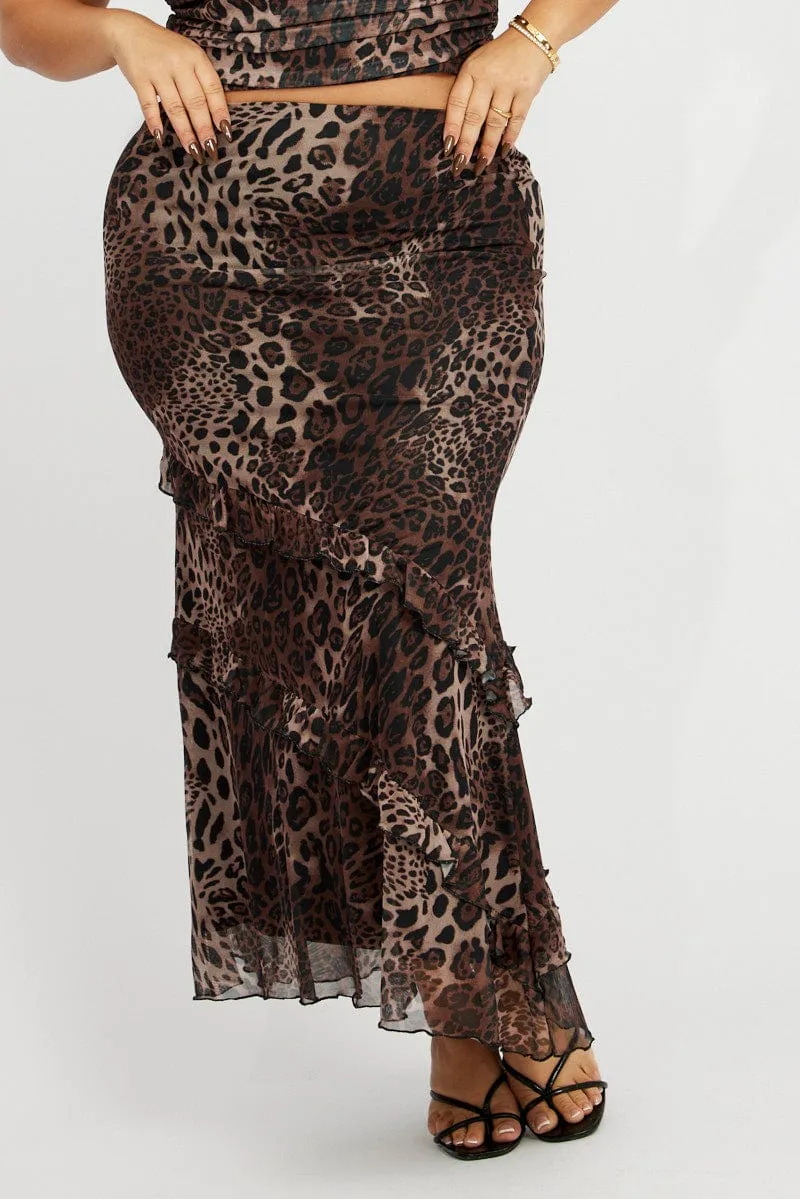 Effortless Wear Refined Edge Brown Animal Print Frill Leopard Maxiskirt