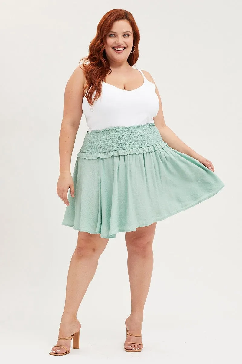 Green Mini A Line Skirt Elastic Waist Midi length Seamless Finish