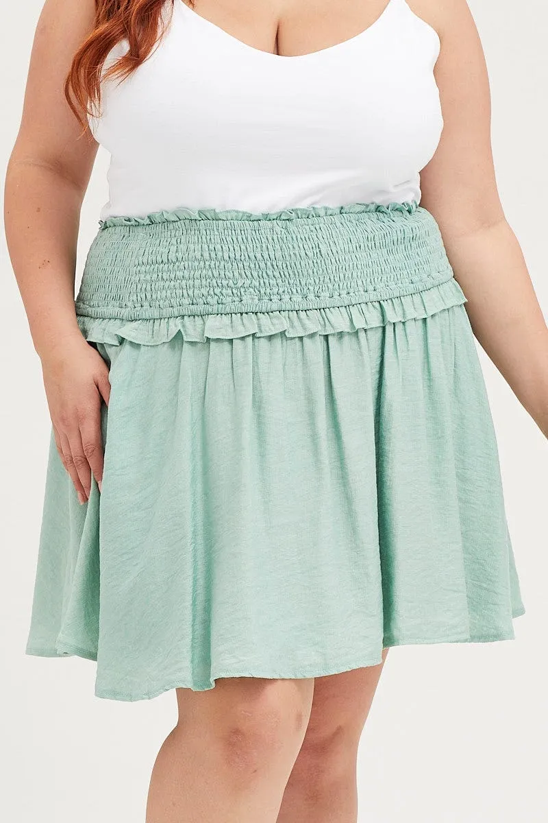 Green Mini A Line Skirt Elastic Waist Stretch Comfort