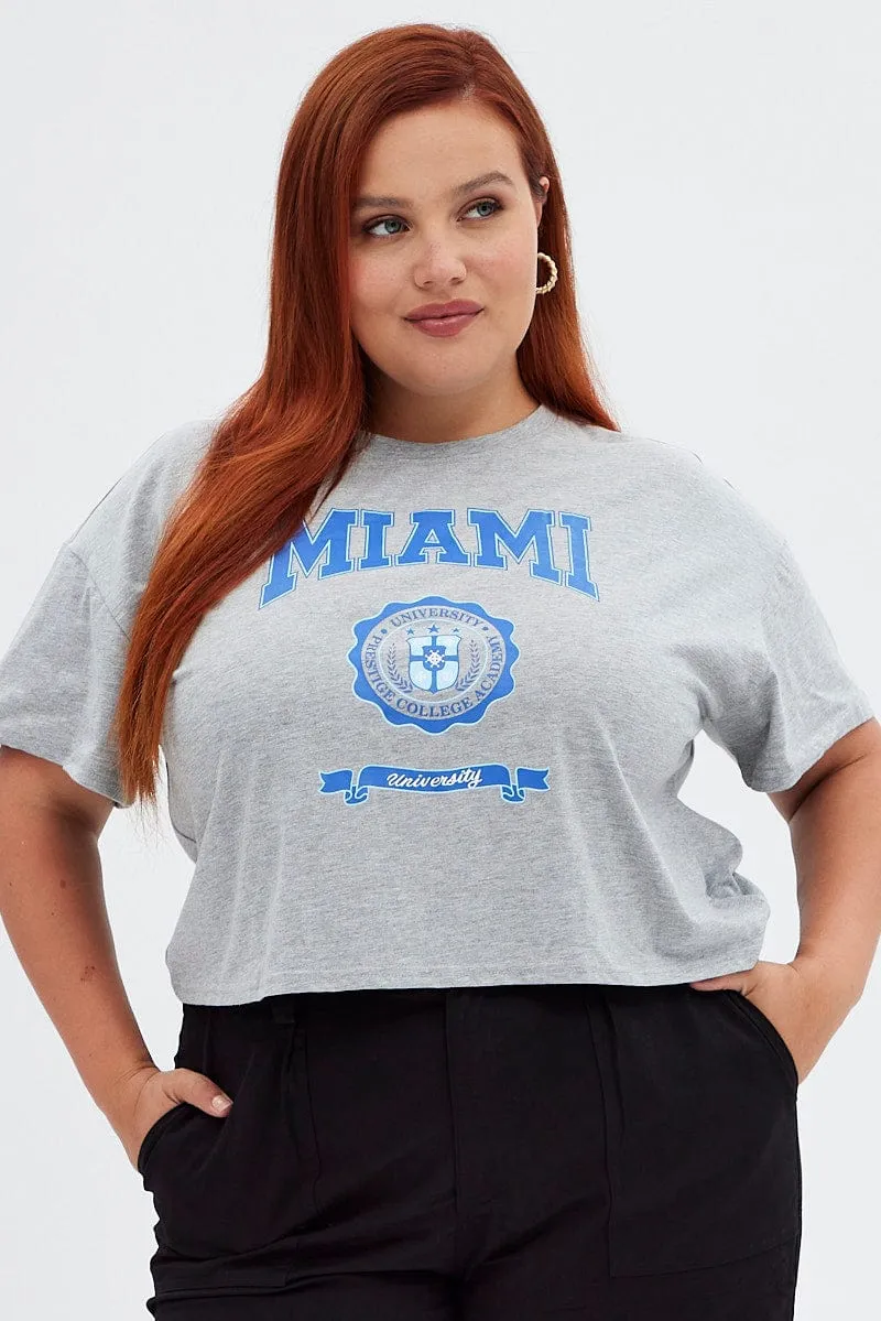 V-Neck Grey Graphic T-shirt Miami Crop Cotton Jersey