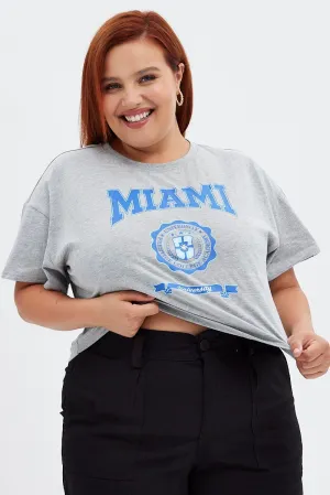 Grey Graphic T-shirt Miami Crop Cotton Jersey Comfortable Layering