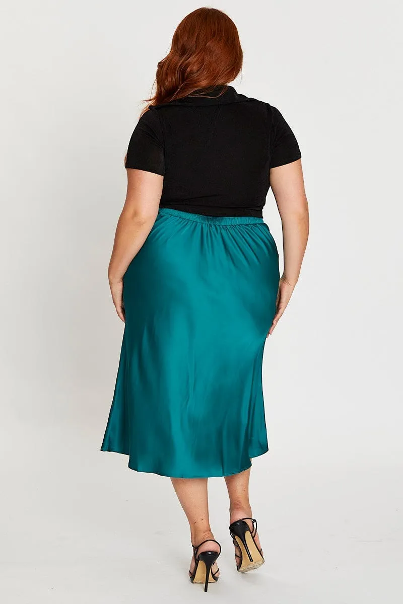 Eco Friendly Dye Green Midi Satin Skirt Elastic Waist
