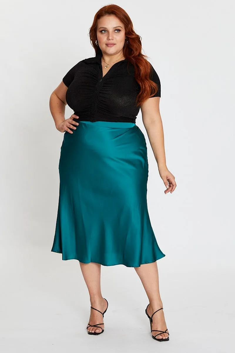 Green Midi Satin Skirt Elastic Waist Pure Vibes Jewel Tones