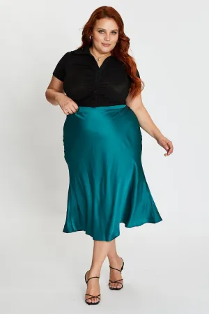 Green Midi Satin Skirt Elastic Waist Smart Design Sturdy Waistband