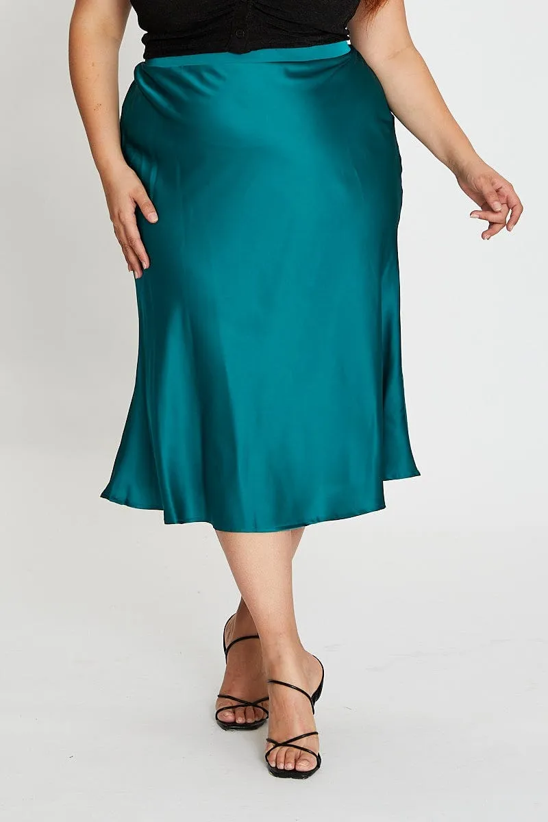Green Midi Satin Skirt Elastic Waist Slip Resistant Waistband