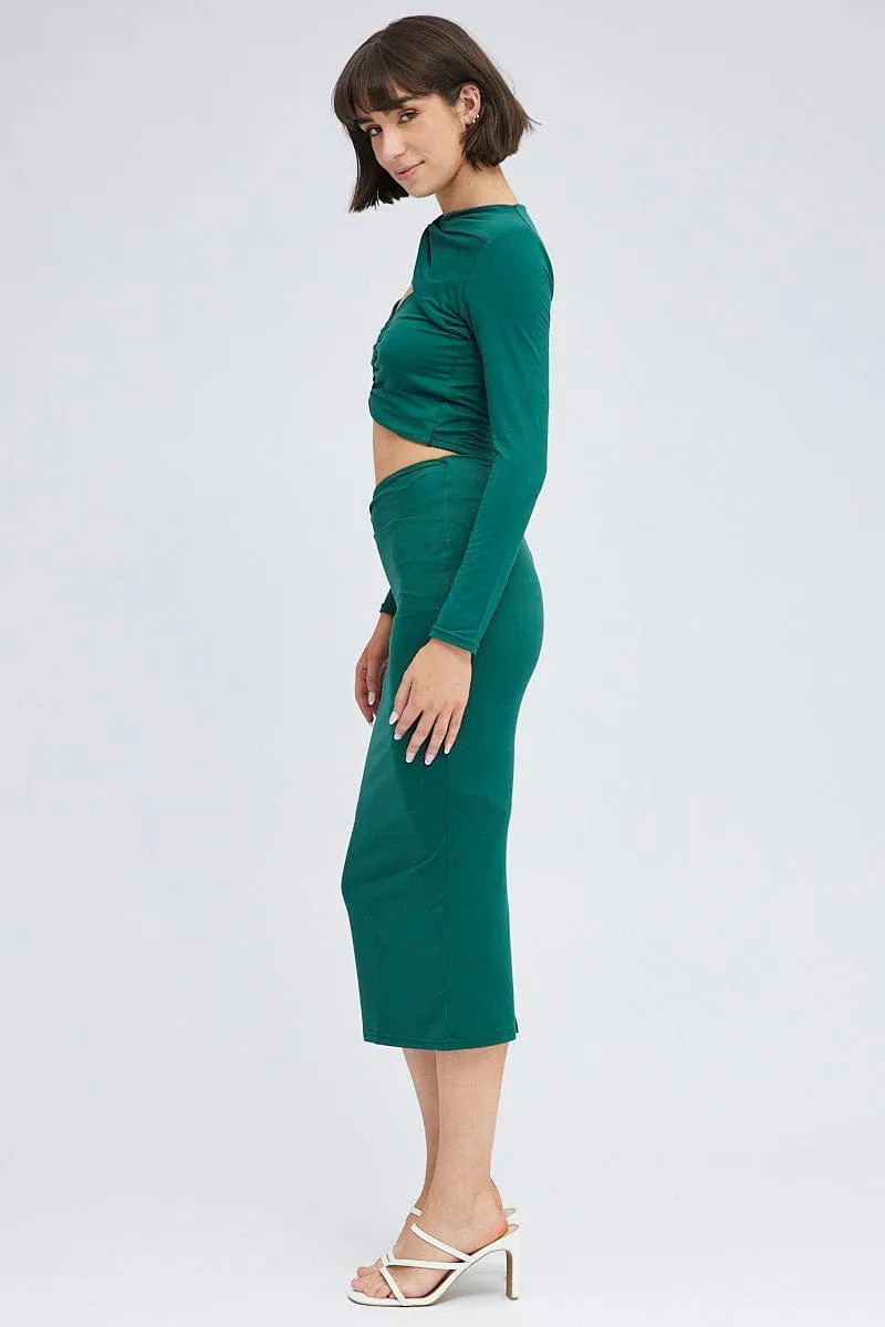 Fresh Energy Tea length Green Midi Skirt Twisted Waist Double Layer