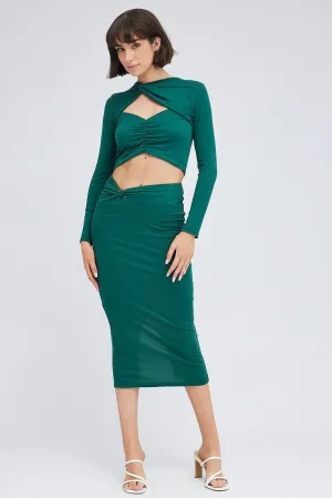 Slim Fit Band Sequined Finish Green Midi Skirt Twisted Waist Double Layer