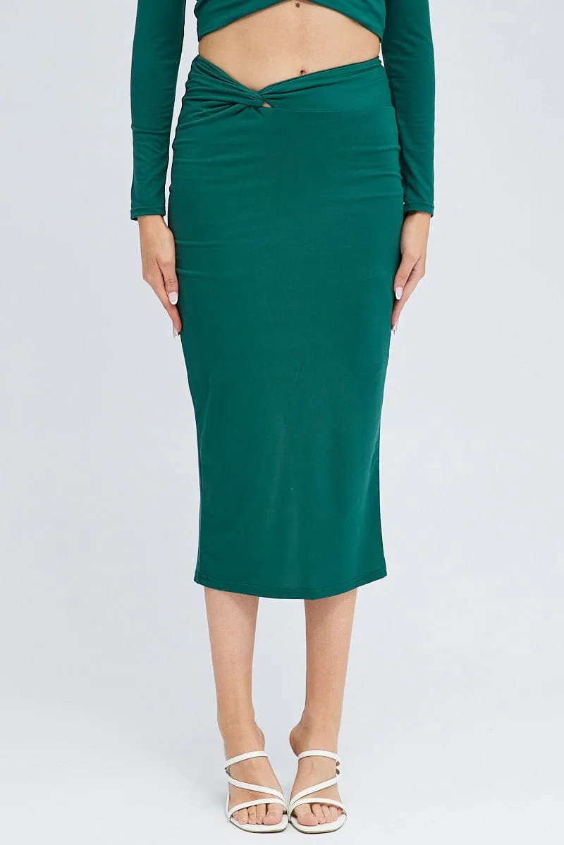 Green Midi Skirt Twisted Waist Double Layer Vegan Material