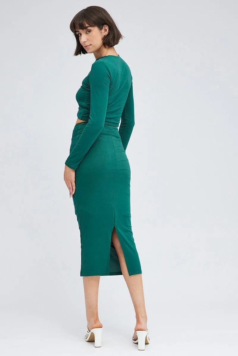 Green Midi Skirt Twisted Waist Double Layer Embroidered Detail City Style