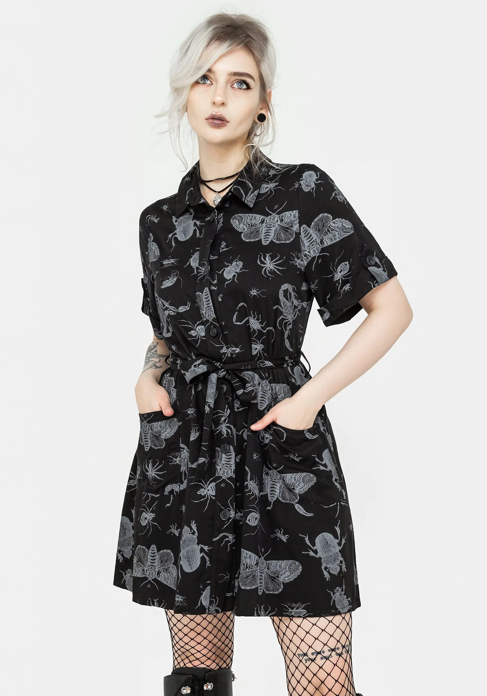 Parasite Bugs Short Sleeve Mini Shirt Dress - Black Flatlock Seams Street Ready