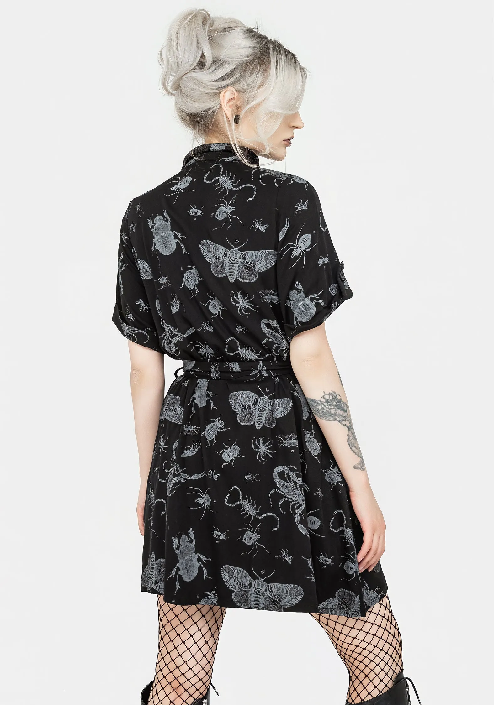 Parasite Bugs Short Sleeve Mini Shirt Dress - Black Trend Glow