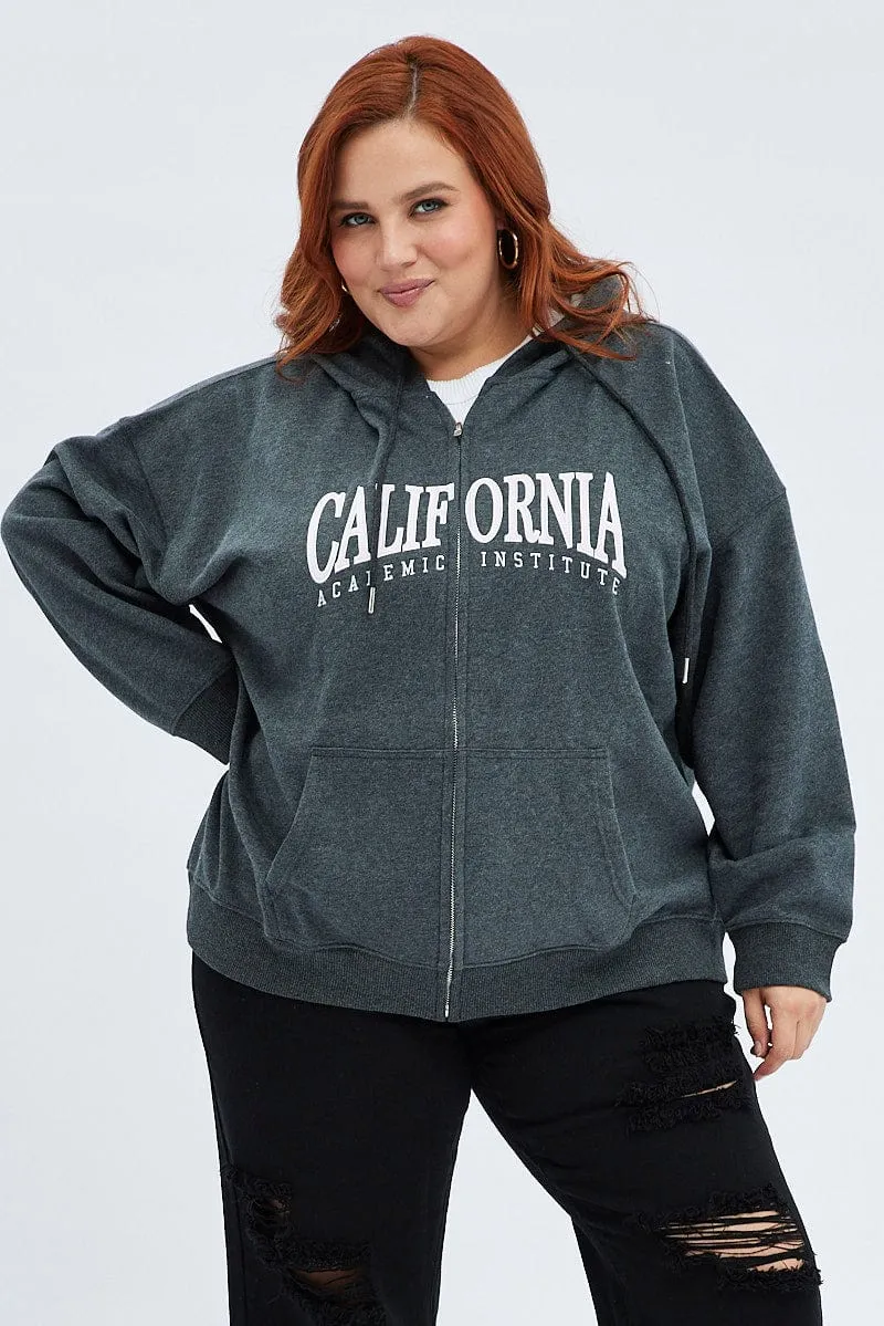 Timeless Sporty Grey Hoodie Jacket Zip Fleece California Embroidered