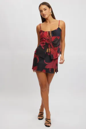 Red Floral Mini Skirt Mid Rise Slit Mesh Refined Mood Detail Focus