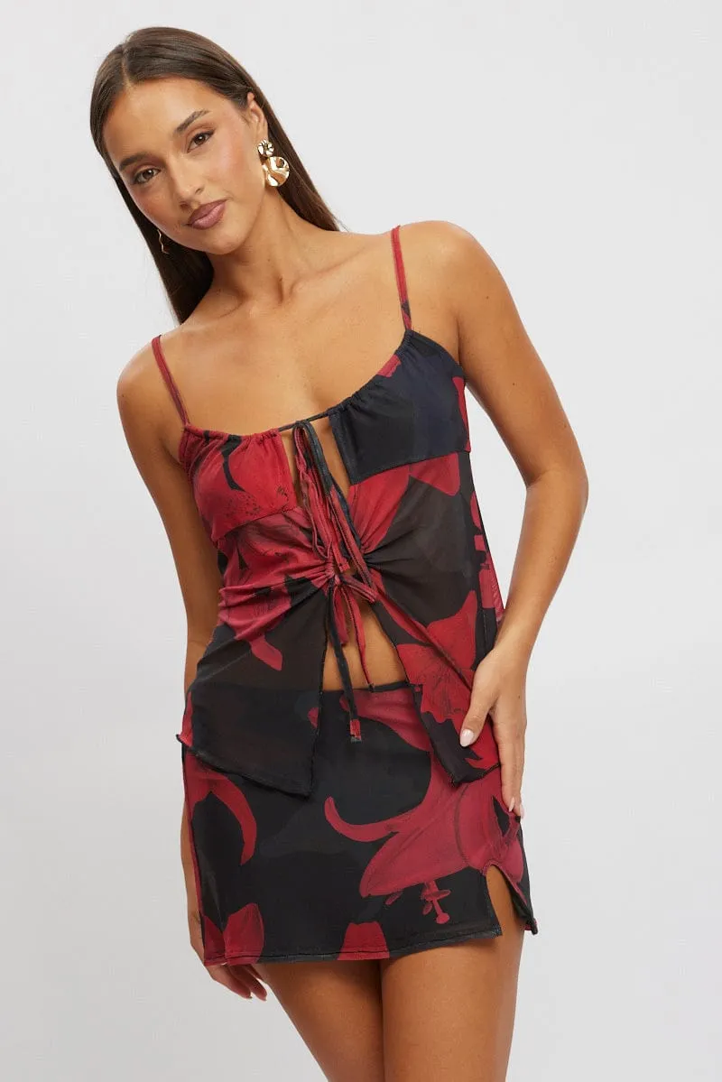 Red Floral Mini Skirt Mid Rise Slit Mesh Comfort Mood Neat Finish