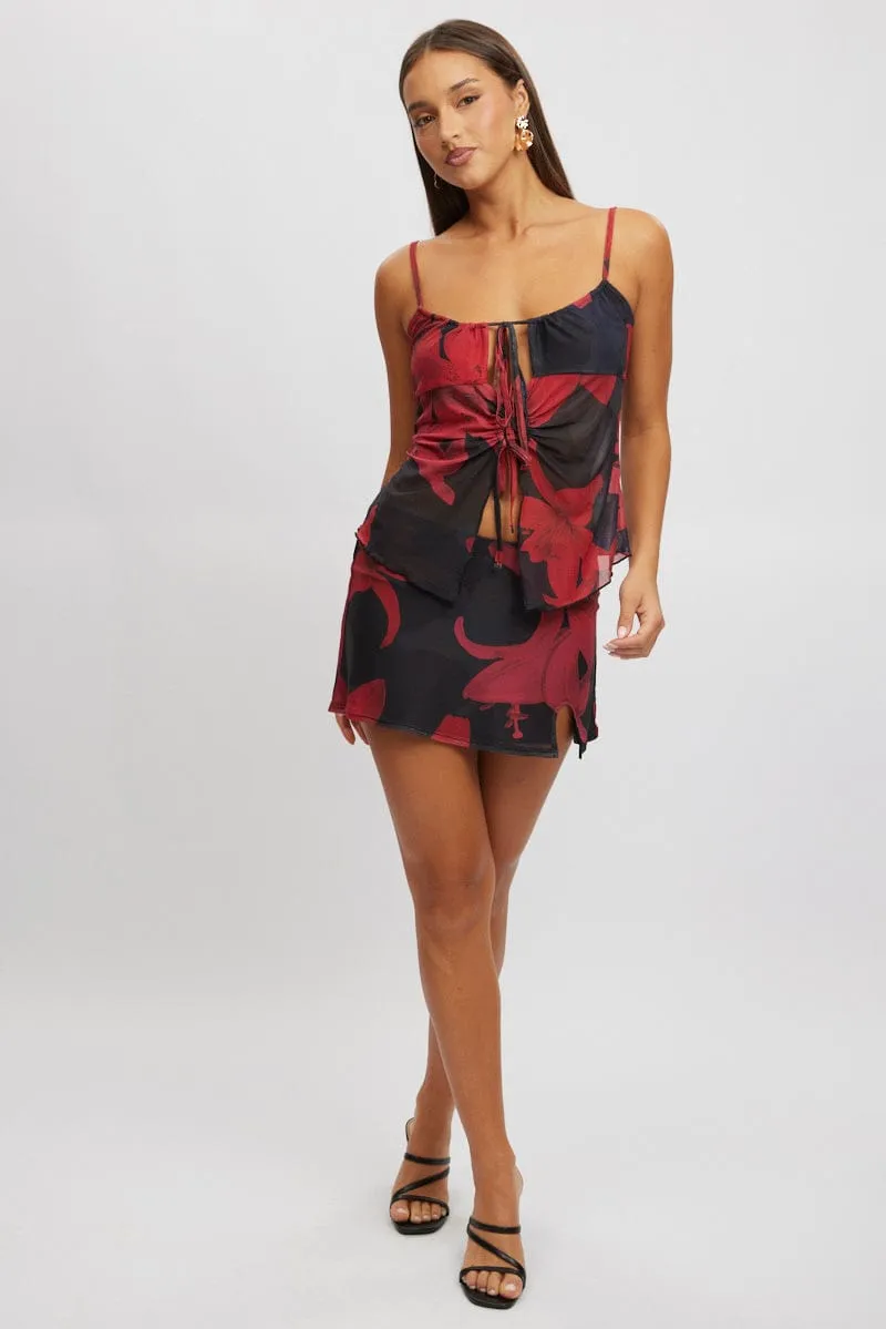 Red Floral Mini Skirt Mid Rise Slit Mesh Refined Mood Detail Focus
