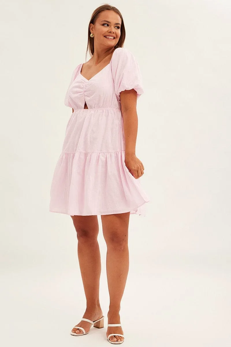 Fun Pop Trendy Wear Pink Mini Dress Short Sleeve Keyhole Cotton