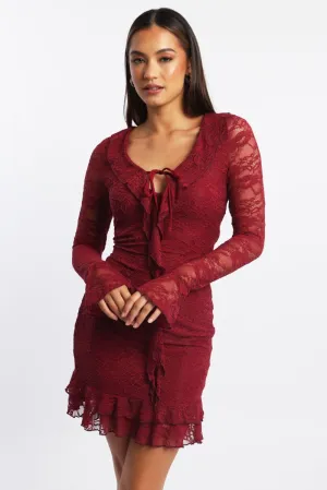 Red Bodycon Dress Mini Lace Light Warm Smooth Elastic