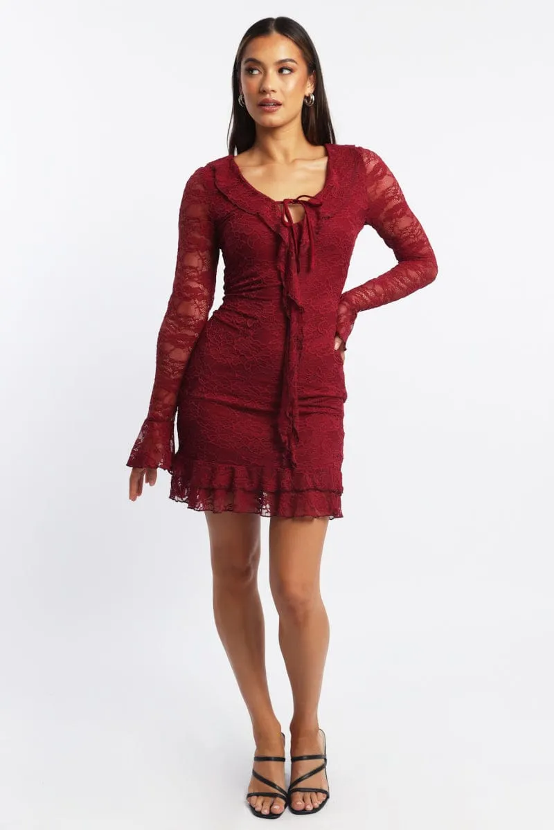 Date Ready Non Restrictive Cut Red Bodycon Dress Mini Lace