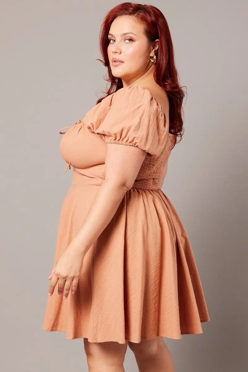 Temperature Regulating Layer Free Brown Corset Puff Sleeve Mini Dress