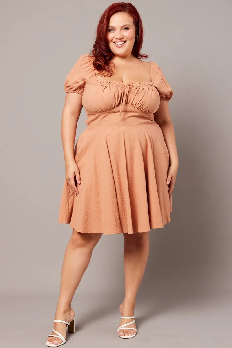 On The Go Look Smart Casual Style Brown Corset Puff Sleeve Mini Dress