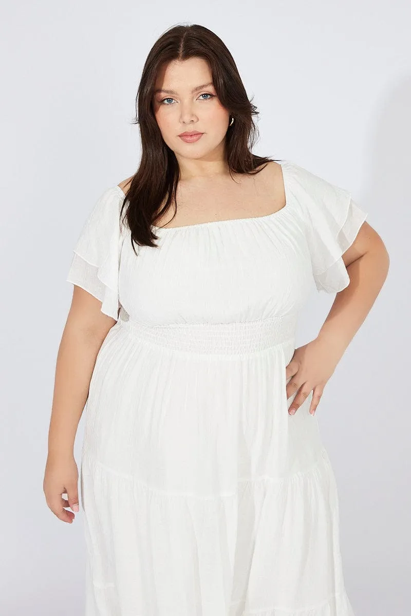 Modern Silhouette White Off Shoulder Layer Midi Dress