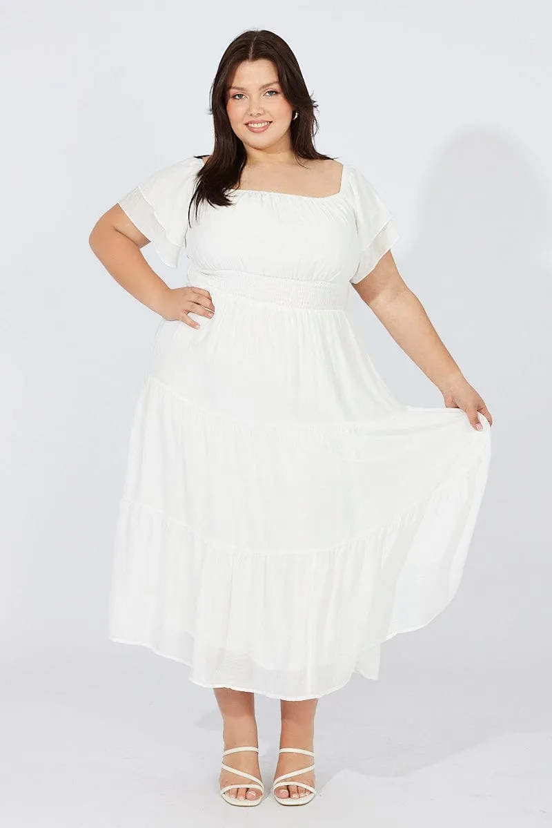White Off Shoulder Layer Midi Dress Bold pattern mid-calf dress chic aesthetic