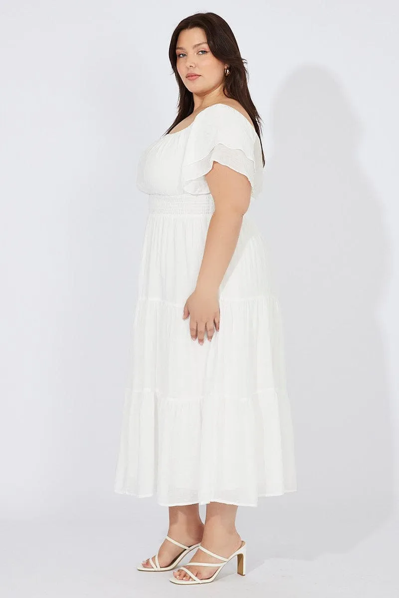 White Off Shoulder Layer Midi Dress skin friendly Elegant fit-and-flare dress