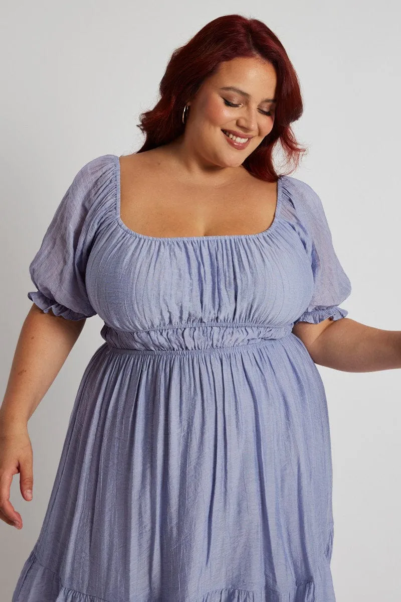 Relaxed Vibe Blue Mini Dress Gather Waist Frill Hem