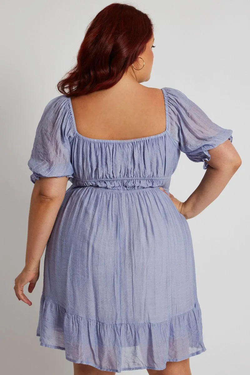 Blue Mini Dress Gather Waist Frill Hem Night Out