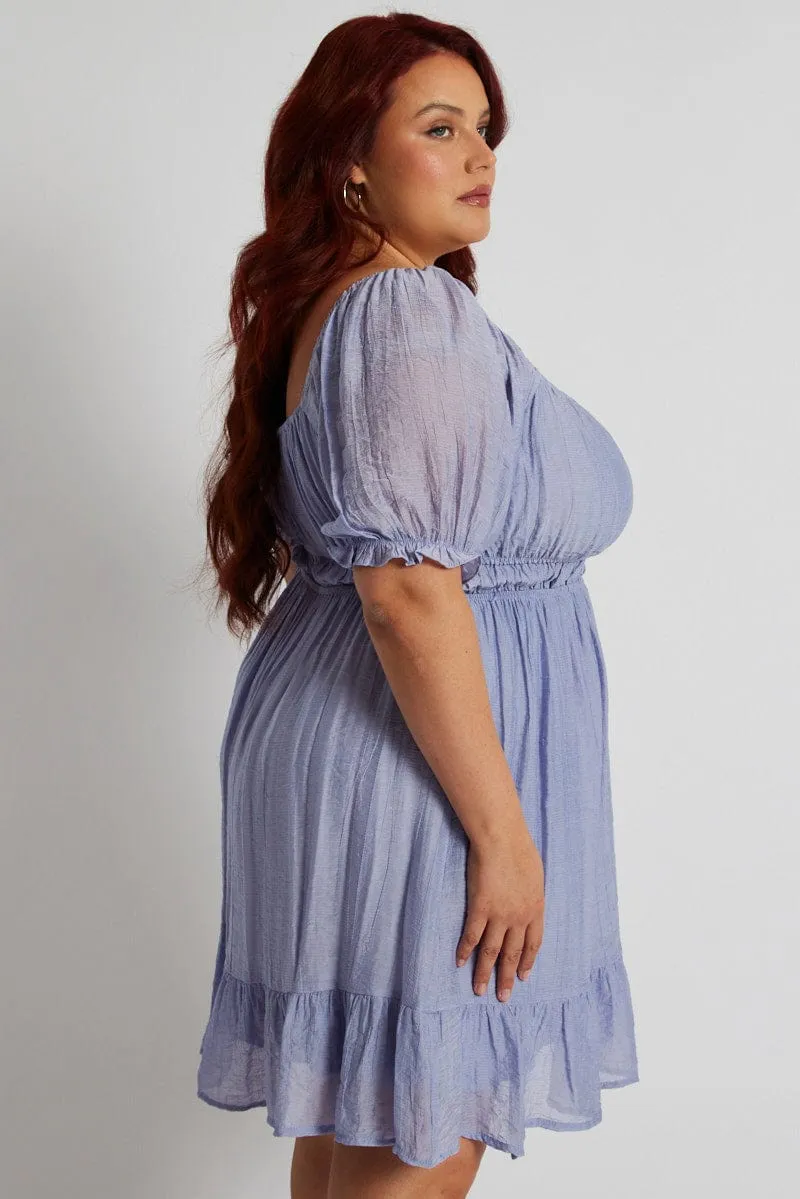 Girl Power Light Fit Blue Mini Dress Gather Waist Frill Hem