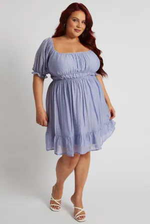 City Look Trendy mini outfit Blue Mini Dress Gather Waist Frill Hem