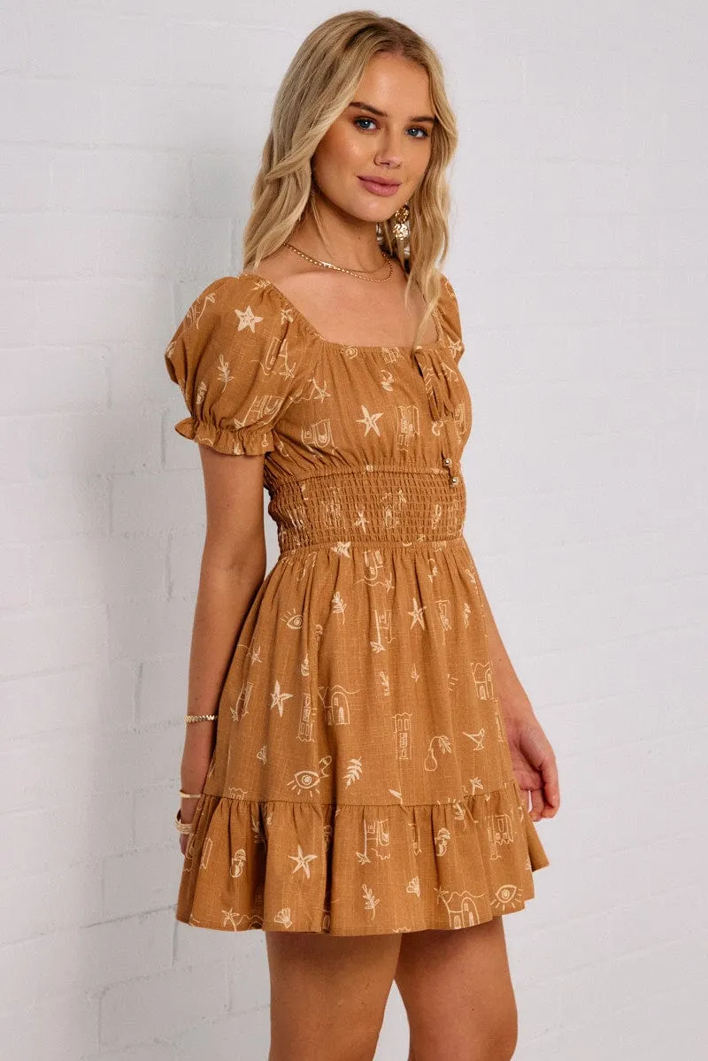 Stylish Fit Summer Ready Look Brown Abstract Fit And Flare Dress Mini