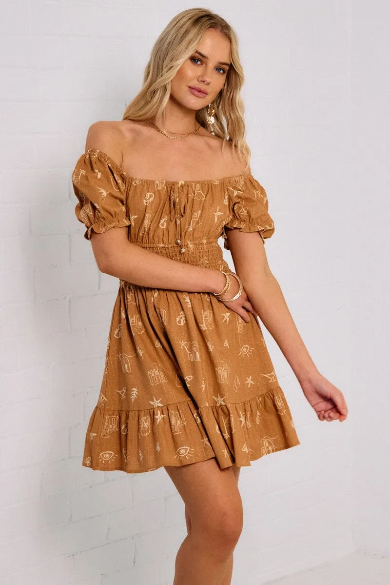 Comfort Wear Playful Chic Brown Abstract Fit And Flare Dress Mini