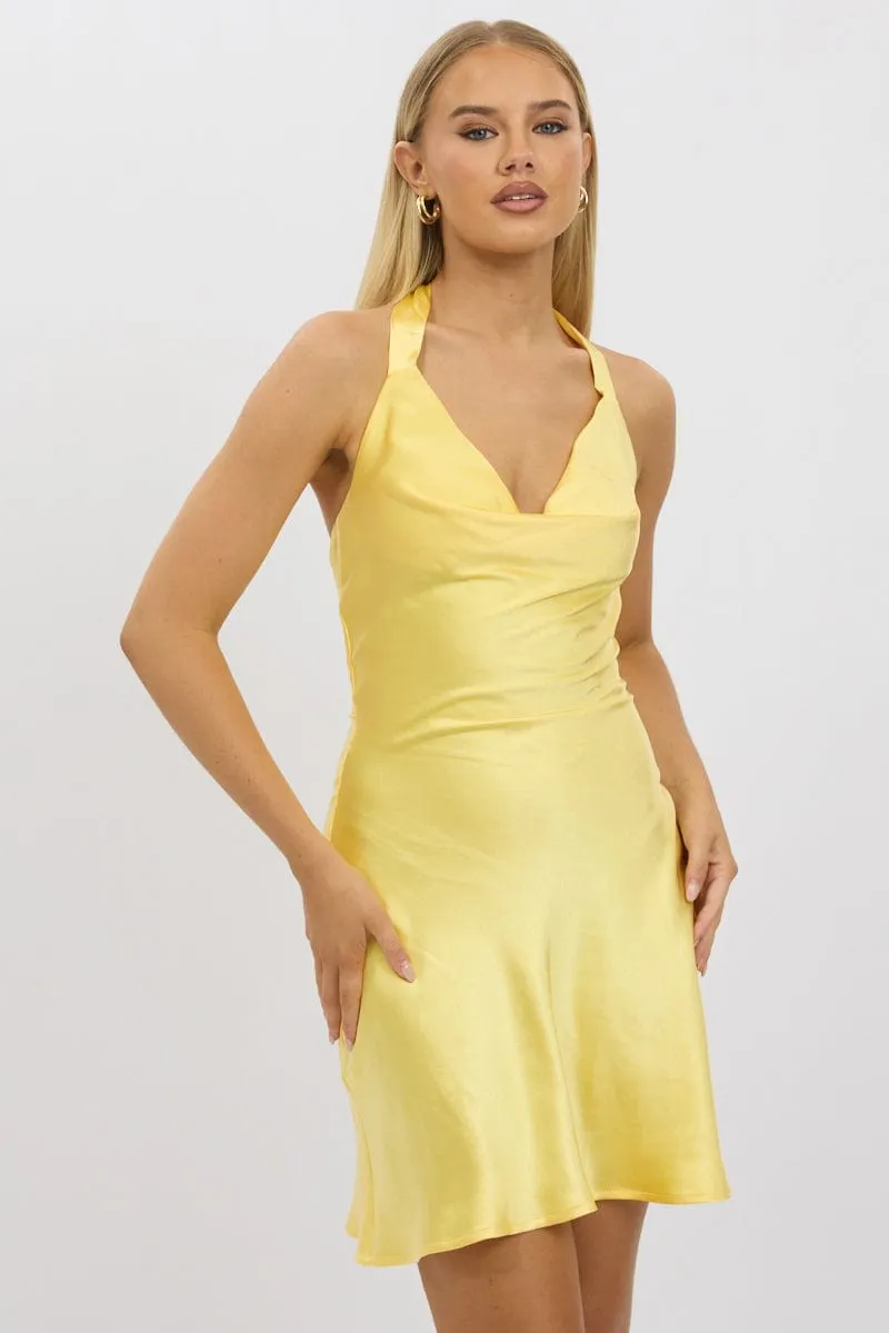 Day Wear Yellow Mini Dress Cowl Neck Satin