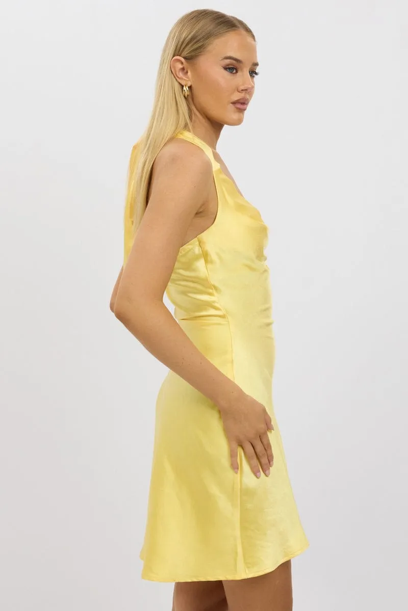 Yellow Mini Dress Cowl Neck Satin Club Glow Vibrant Silhouette
