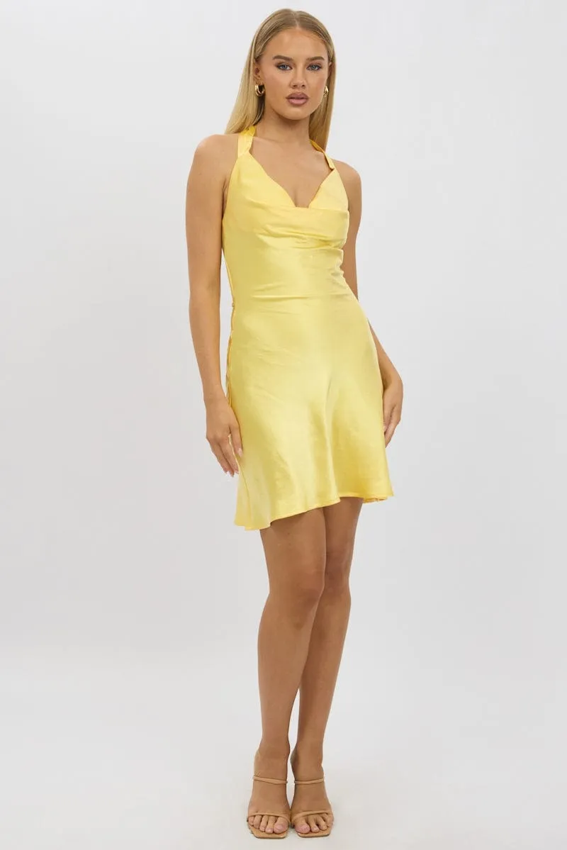 Summer-ready mini dress Flirty Fit Yellow Mini Dress Cowl Neck Satin