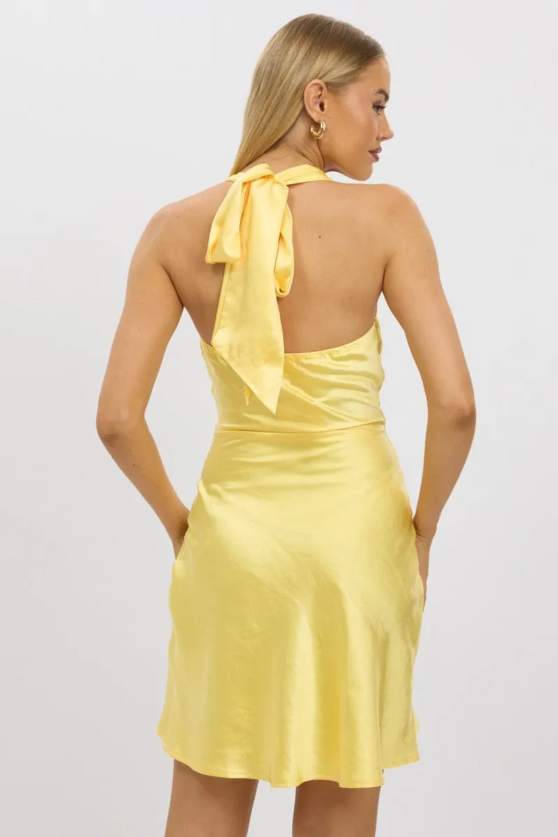 Yellow Mini Dress Cowl Neck Satin Summer Fashion Chic Silhouette