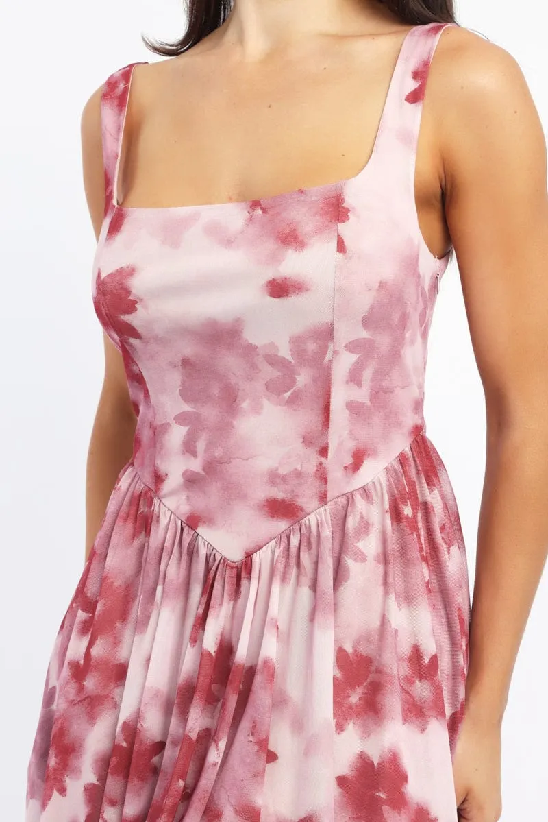 Cozy Look Pink Floral Fit And Flare Dress Mini