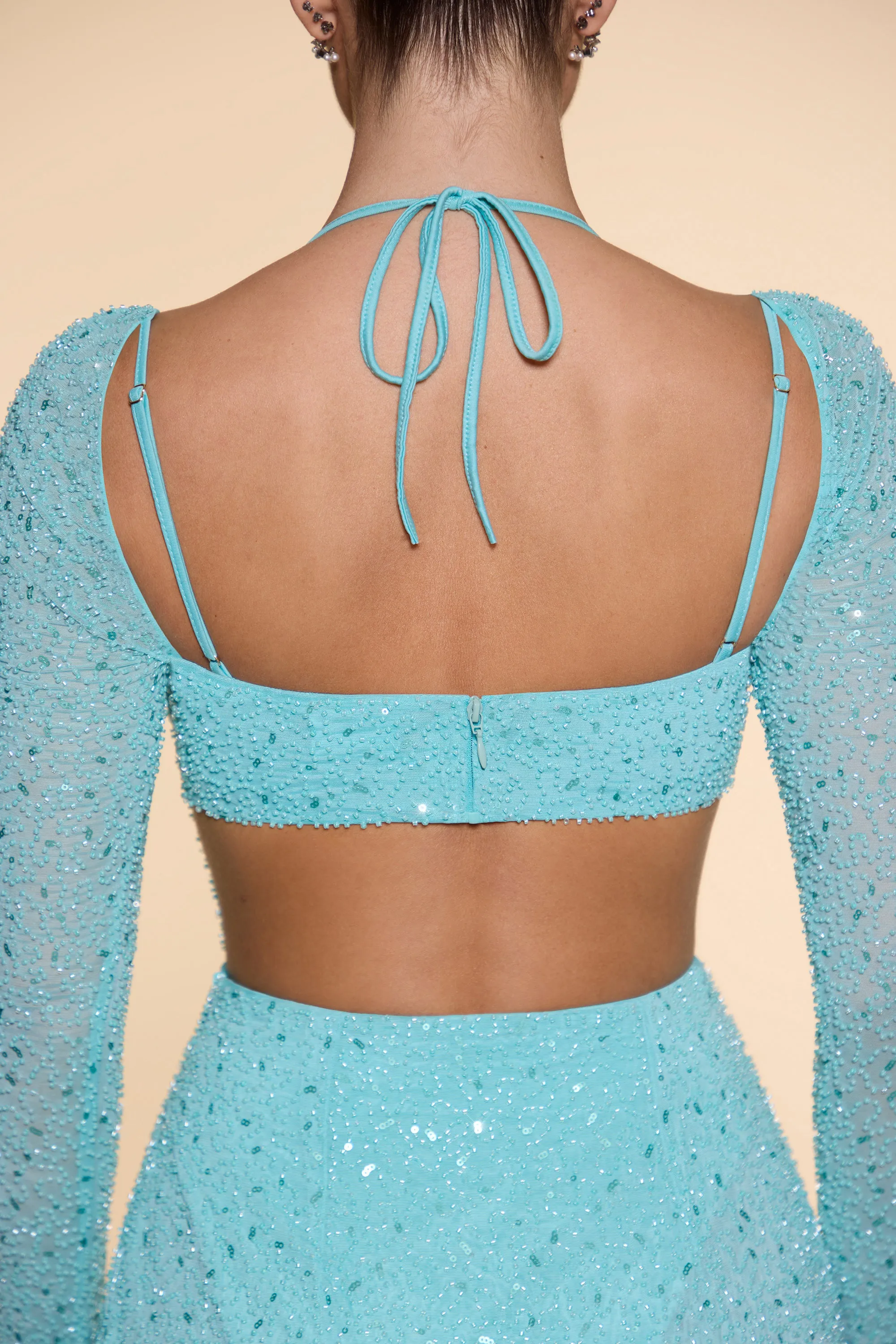 Embellished Cowl Neck Maxi Dress in Aqua This maxi dress can be worn with a variety of shoes and accessories to create a unique look Daylight Warm