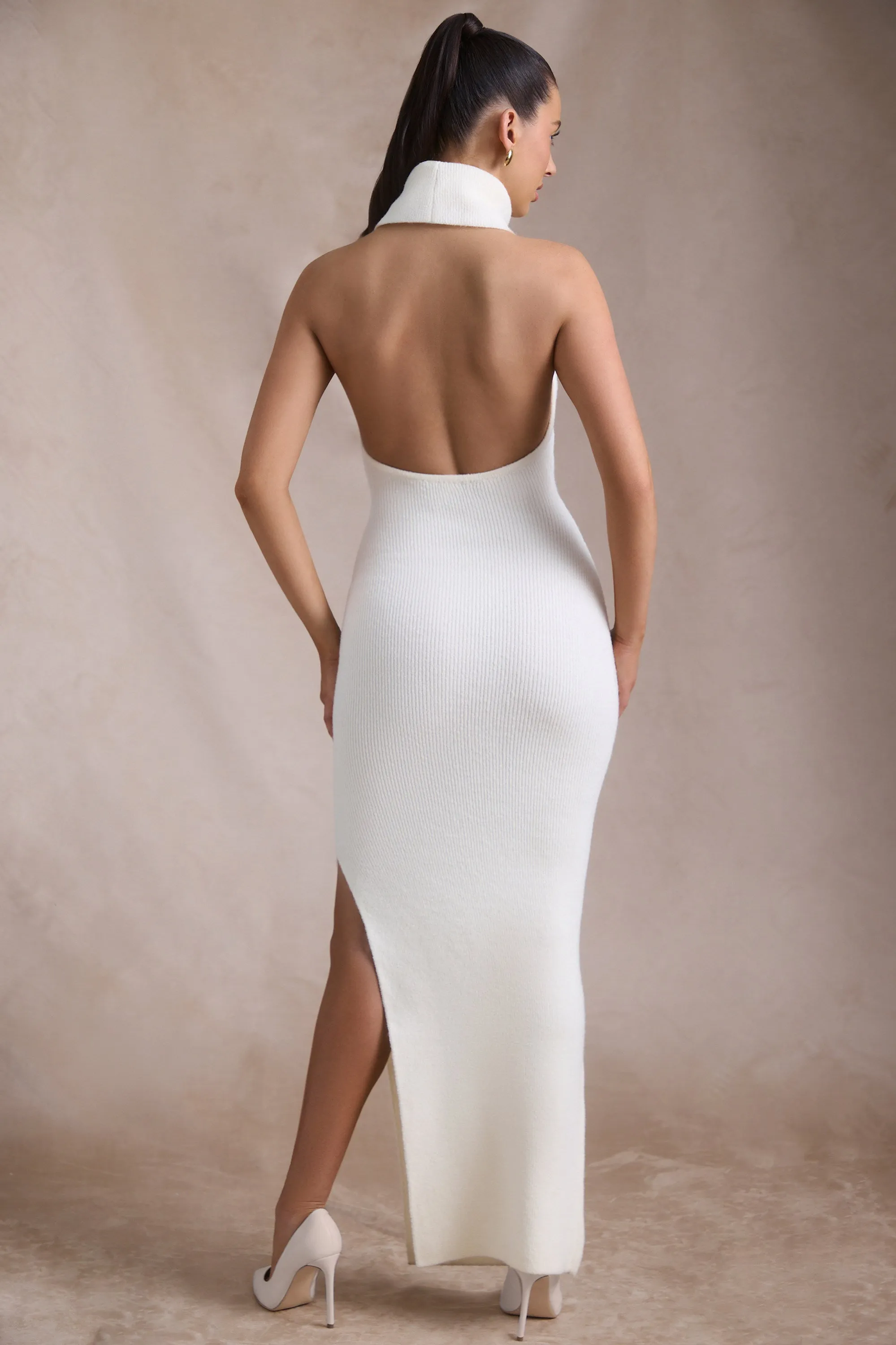Ribbed-Knit Turtleneck Backless Maxi Dress in Ivory Feminine flowing piece Formal outdoor event dress