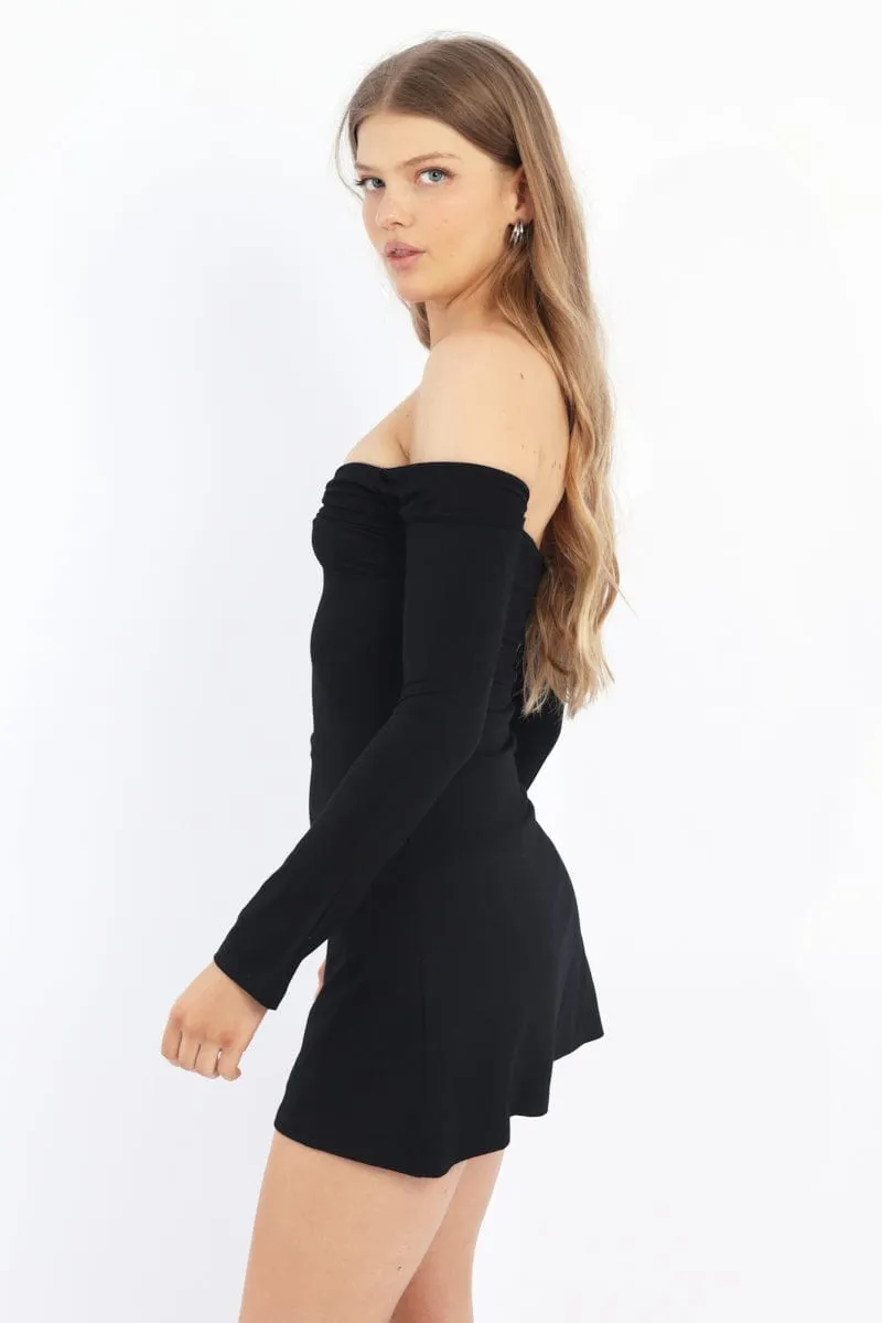 Knit Blend Fabric Black Off Shoulder Mini Dress