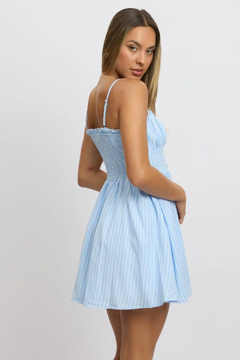 Blue Stripe Fit And Flare Dress Mini Wrinkle Free Fabric Weekend Style