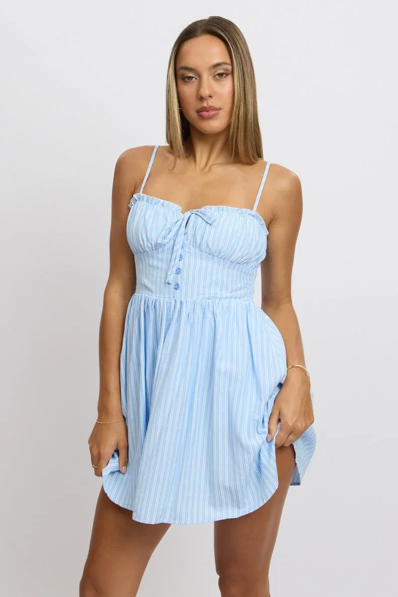 Layered Ruffle Accent Blue Stripe Fit And Flare Dress Mini