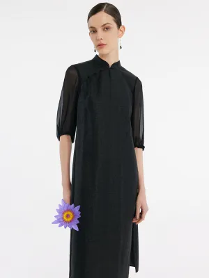 18 Momme Xiang Yun Silk Cheongsam Women Midi Qipao Dress Street Chic