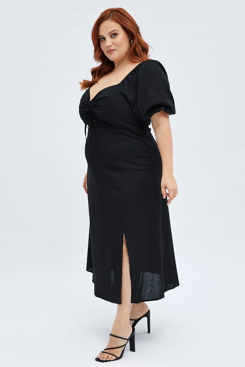 Easygoing Outfit Trendy Fit Black Midi Dress Fitted Drawstring Front Puff Sleeve