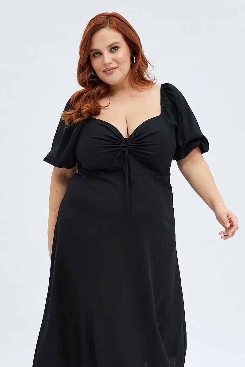 Black Midi Dress Fitted Drawstring Front Puff Sleeve Desk To Dinner Leaf Fall