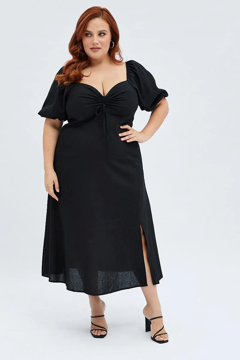 Comfortable Layers Black Midi Dress Fitted Drawstring Front Puff Sleeve